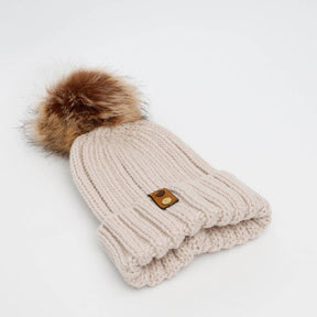 Mewstone Chunky Pom Pom Beanie Hat in Oatmeal - The Mewstone Candle Co