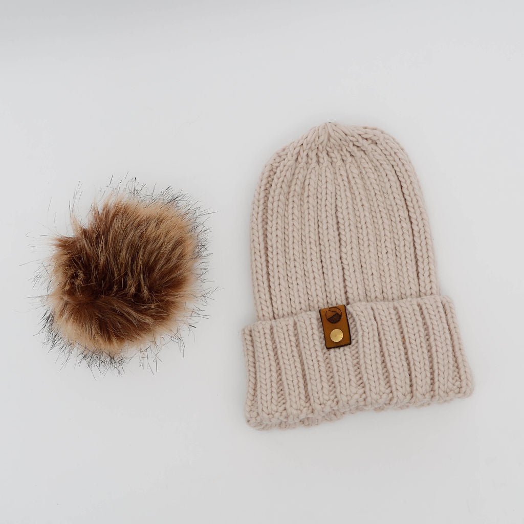 Mewstone Chunky Pom Pom Beanie Hat in Oatmeal - The Mewstone Candle Co